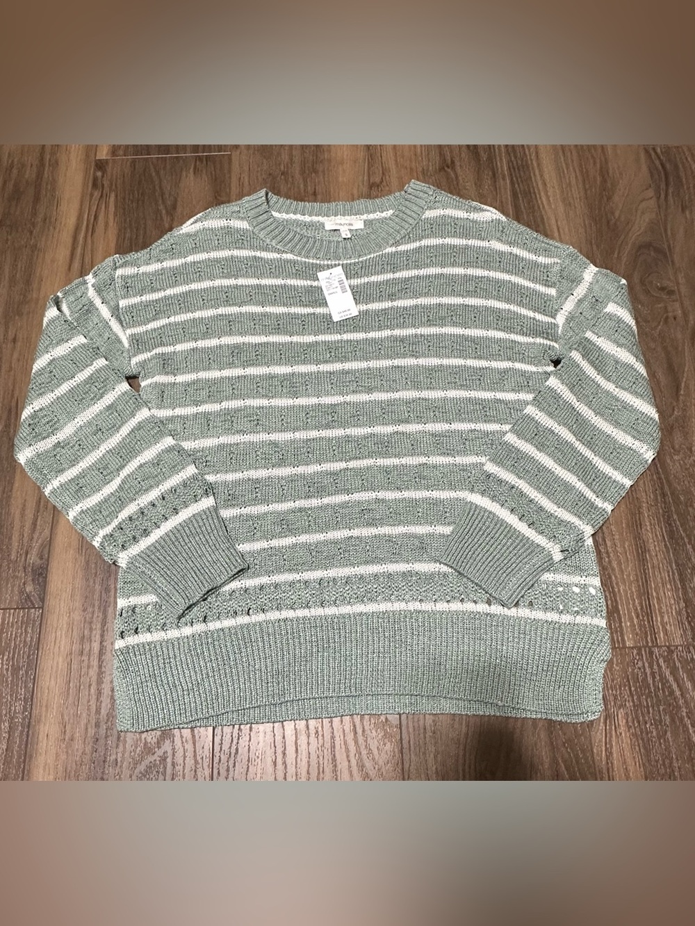 New Maurice’s Striped Pointelle Crew Neck Sweater Long Sleeve Sage NWT S